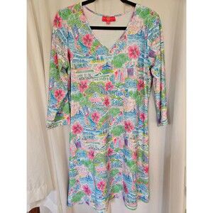 Kaeli Smith 3/4 Sleeve Tropical Palm Beach Life Print Dress Blue Pink Size Large